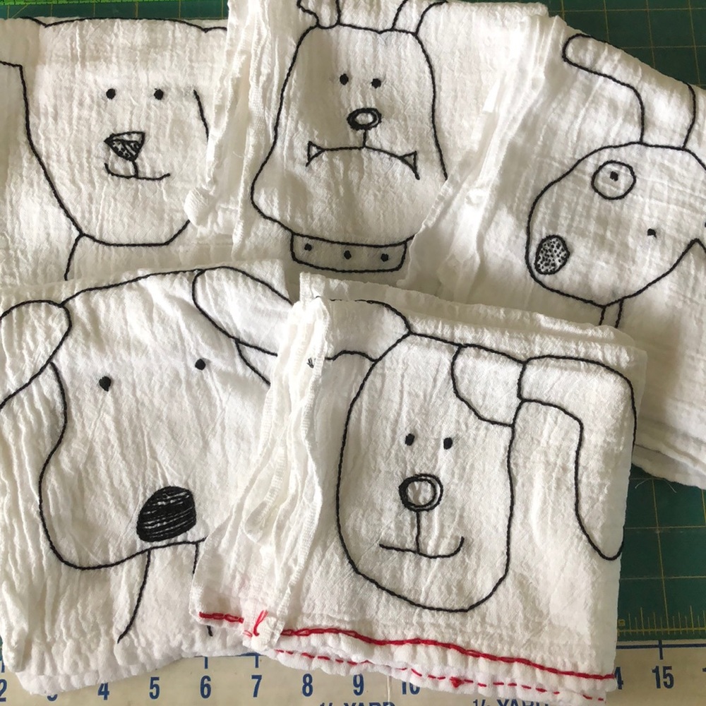 Set of 5 Flour Sack Dish Towels Hand Embroidered